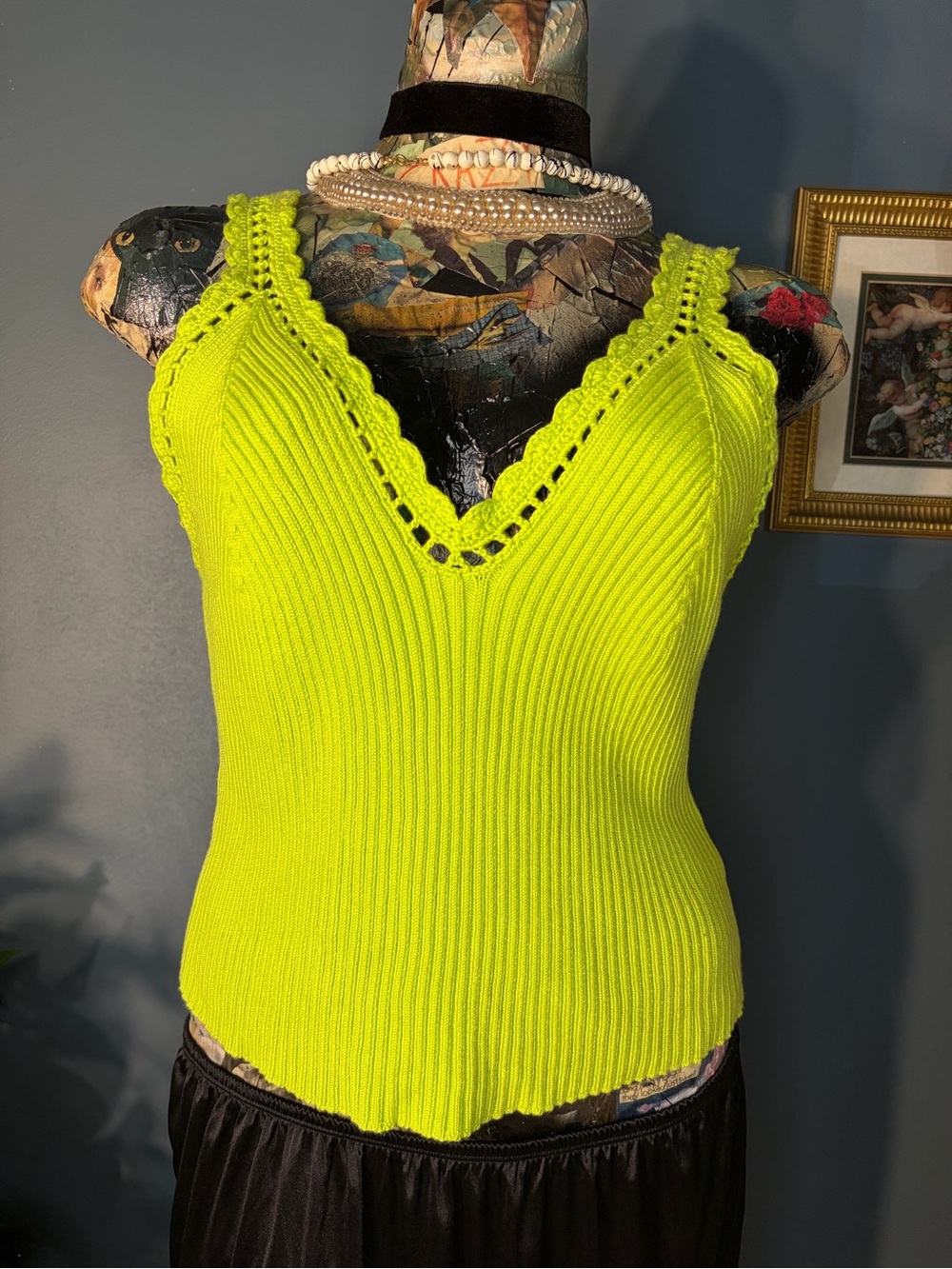 House of Harlow 1960 neon lime green crochet knit stretchy v neck tank top